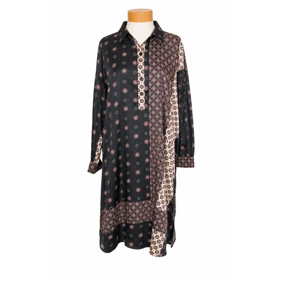 Zara Dresses & Skirts - Zara Patchwork Print Oversized Shirt Dress L Black Pink Scarf Tunic Asymmetric